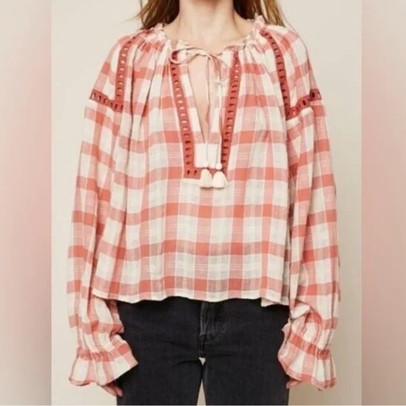 Free People Honey Grove Gingham Balloon Sleeve‎ Blouse Peach Ivory Women’s Med - Picture 1 of 10